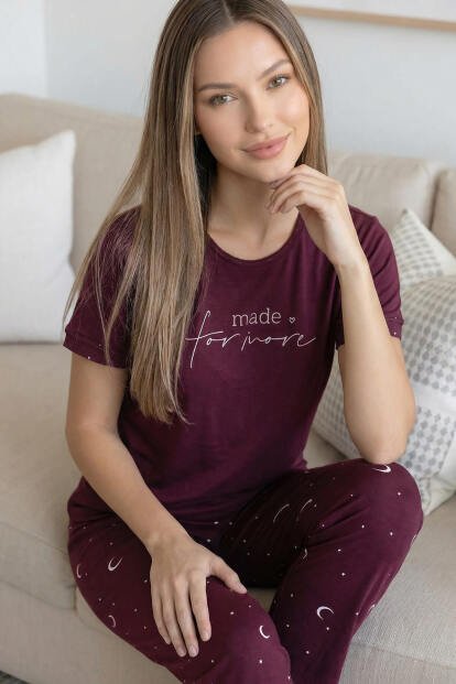 Mürdüm More Desenli Bambu Kısa Kol Kadın Pijama Takımı - 4