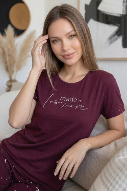 Mürdüm More Desenli Bambu Kısa Kol Kadın Pijama Takımı - 5