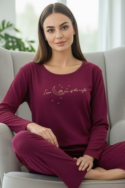 Mürdüm Night Desenli Uzun Kollu Dublin Örme Kadın Pijama Takımı 