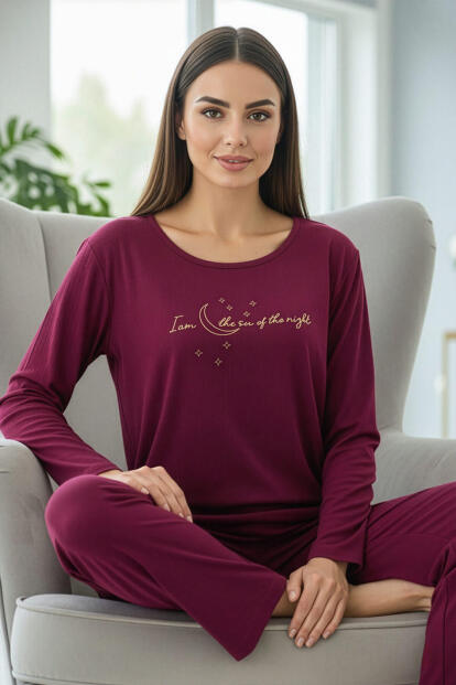 Mürdüm Night Desenli Uzun Kollu Dublin Örme Kadın Pijama Takımı - 2