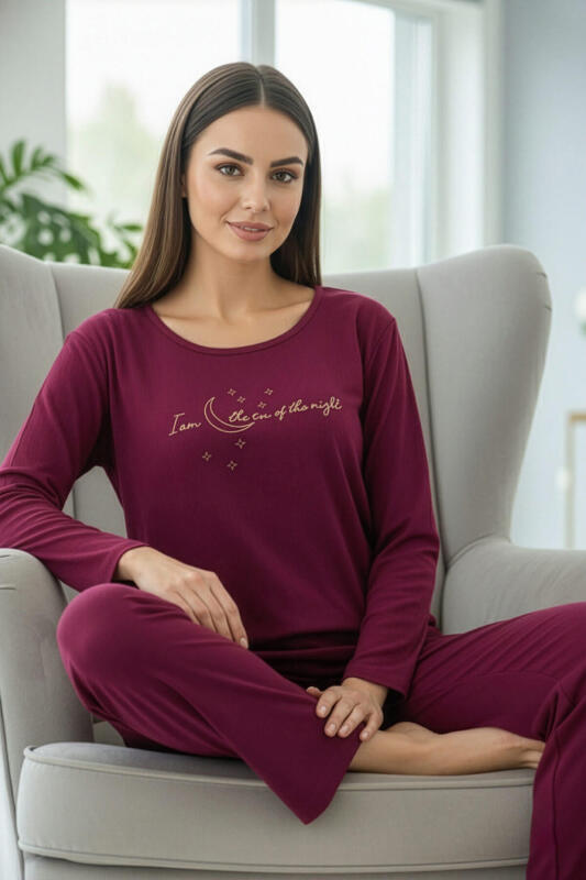 Mürdüm Night Desenli Uzun Kollu Dublin Örme Kadın Pijama Takımı - Pijamaevi (2)