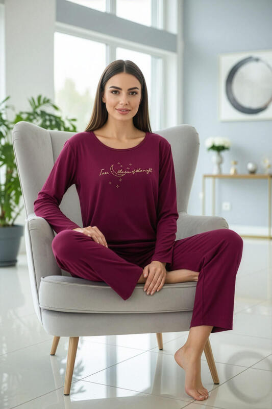 Mürdüm Night Desenli Uzun Kollu Dublin Örme Kadın Pijama Takımı - Pijamaevi (3)