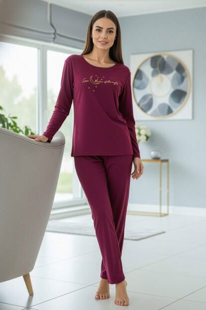 Mürdüm Night Desenli Uzun Kollu Dublin Örme Kadın Pijama Takımı - 5