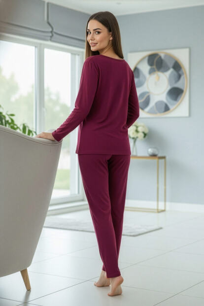 Mürdüm Night Desenli Uzun Kollu Dublin Örme Kadın Pijama Takımı - 6