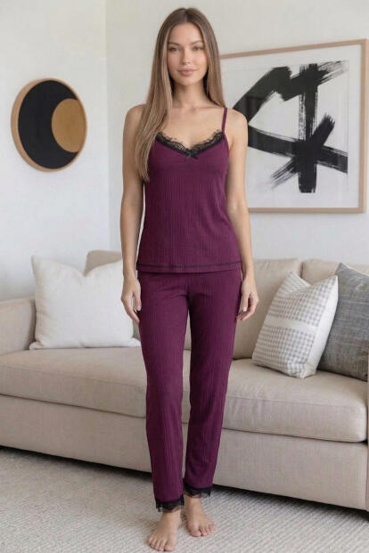 Mürdüm Pegasus Dantelli Ip Askılı Örme Kadın Pijama Takımı - 7