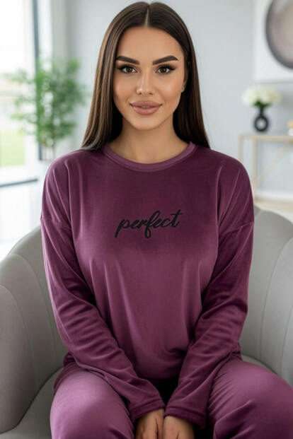 Mürdüm Perfect Desenli Exclusive Kadife Kadın Pijama Takımı  