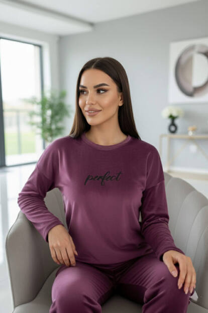 Mürdüm Perfect Desenli Exclusive Kadife Kadın Pijama Takımı  - 3