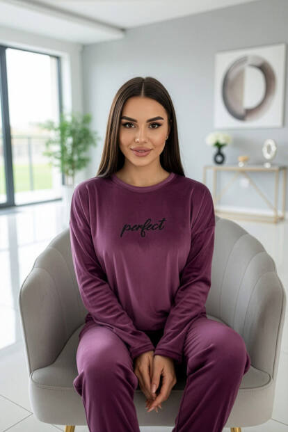 Mürdüm Perfect Desenli Exclusive Kadife Kadın Pijama Takımı  - 4