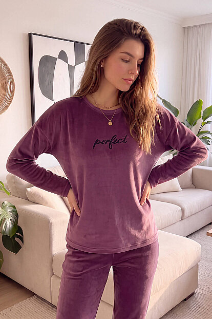 Mürdüm Perfect Desenli Exclusive Kadife Kadın Pijama Takımı  - 6