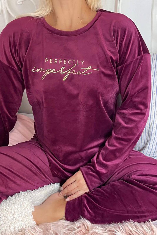 Mürdüm Perfectly Desenli Exclusive Kadife Kadın Pijama Takımı  - Pijamaevi (3)