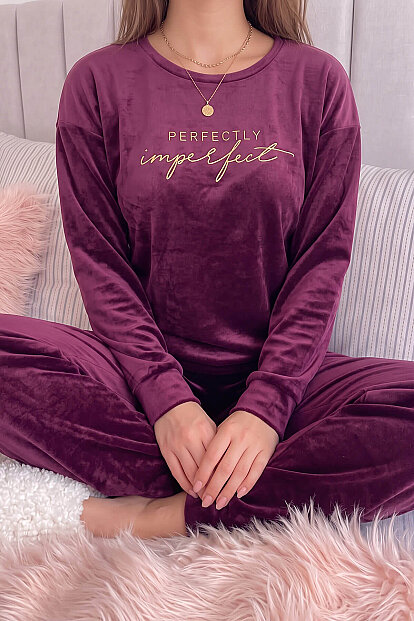 Mürdüm Perfectly Desenli Exclusive Kadife Kadın Pijama Takımı  - 6