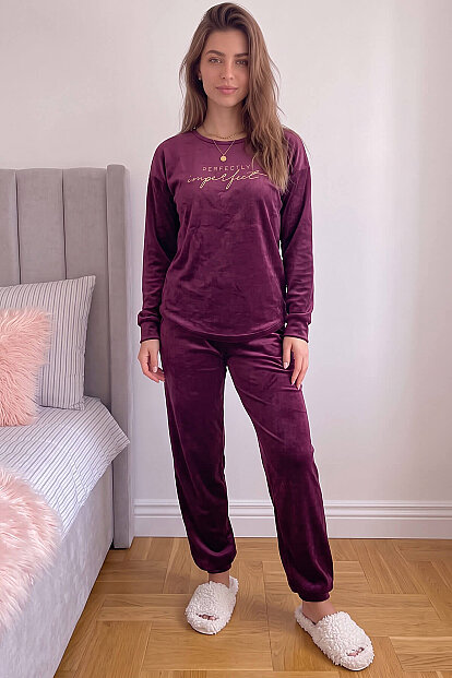 Mürdüm Perfectly Desenli Exclusive Kadife Kadın Pijama Takımı  - 7