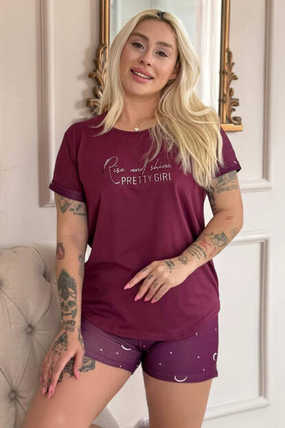 Mürdüm Pretty Girl Desenli Bambu Kısa Kol Kadın Şortlu Pijama Takımı - 1