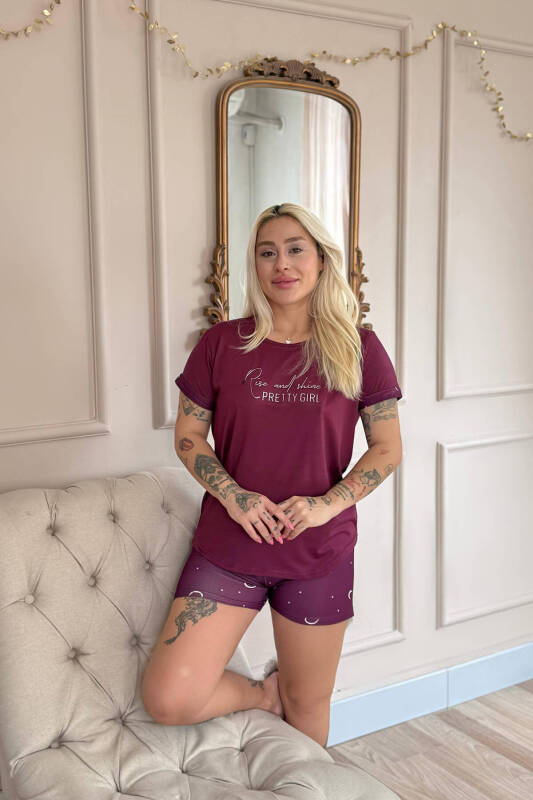 Mürdüm Pretty Girl Desenli Bambu Kısa Kol Kadın Şortlu Pijama Takımı - Pijamaevi (1)