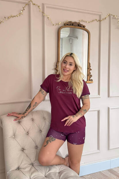 Mürdüm Pretty Girl Desenli Bambu Kısa Kol Kadın Şortlu Pijama Takımı - 3