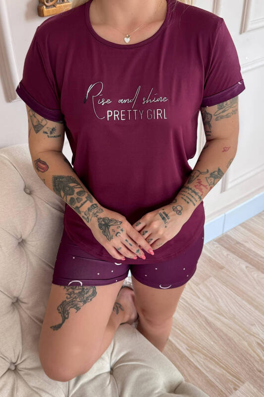 Mürdüm Pretty Girl Desenli Bambu Kısa Kol Kadın Şortlu Pijama Takımı - Pijamaevi (3)