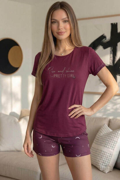 Mürdüm Pretty Girl Desenli Bambu Kısa Kol Kadın Şortlu Pijama Takımı - 2