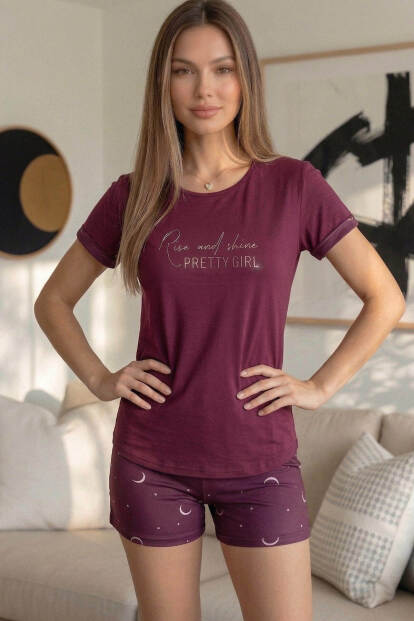 Mürdüm Pretty Girl Desenli Bambu Kısa Kol Kadın Şortlu Pijama Takımı - 3