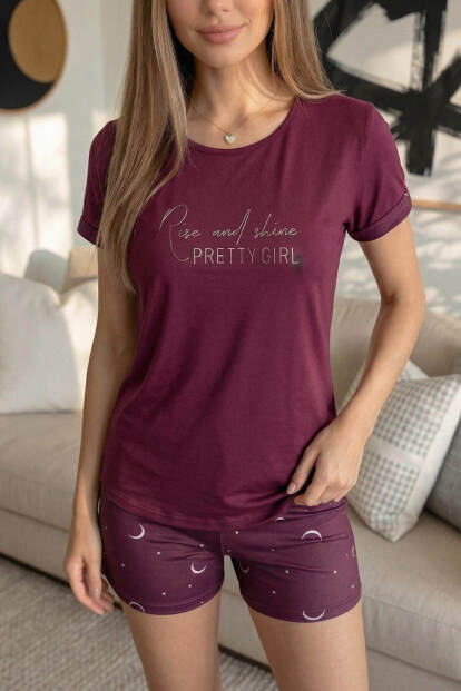 Mürdüm Pretty Girl Desenli Bambu Kısa Kol Kadın Şortlu Pijama Takımı - 6