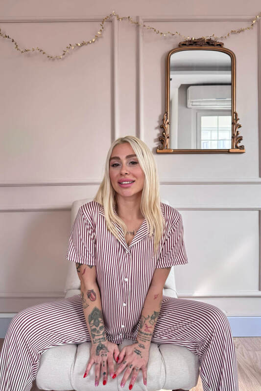 Mürdüm Silhouette Desenli Bambu Önden Düğmeli Kısa Kol Pijama Takımı - Pijamaevi (1)