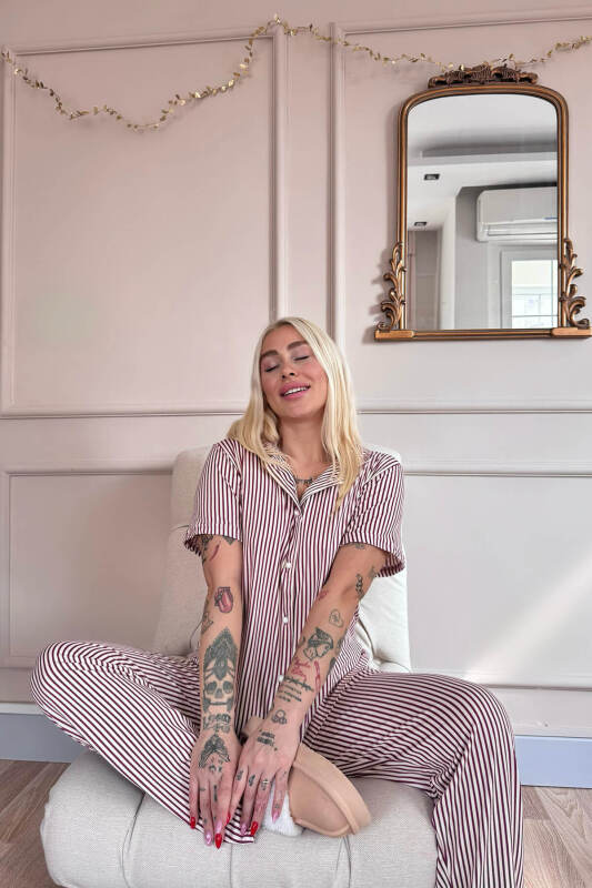 Mürdüm Silhouette Desenli Bambu Önden Düğmeli Kısa Kol Pijama Takımı - Pijamaevi (2)