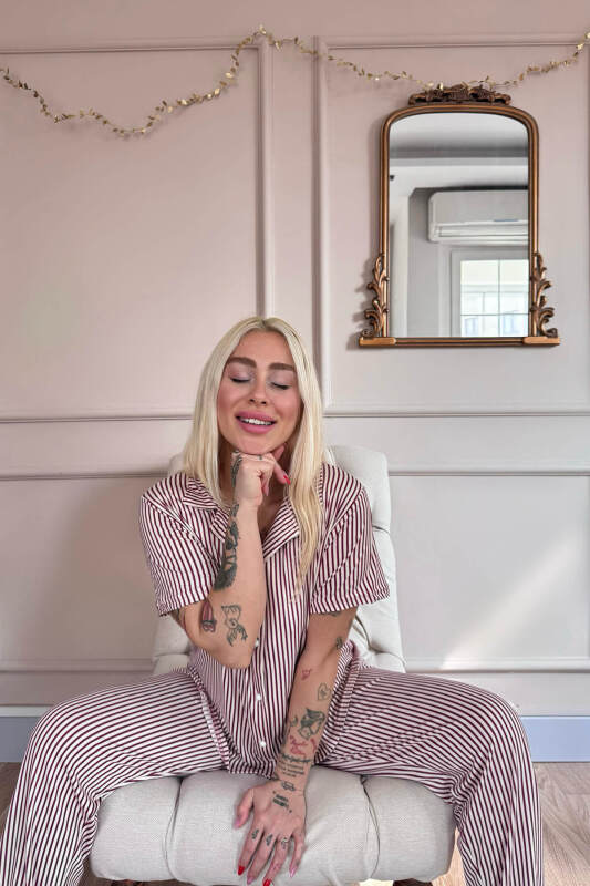 Mürdüm Silhouette Desenli Bambu Önden Düğmeli Kısa Kol Pijama Takımı - Pijamaevi (3)