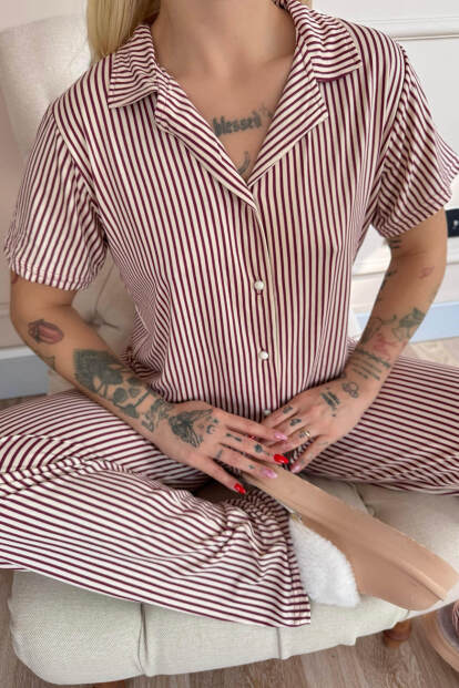 Mürdüm Silhouette Desenli Bambu Önden Düğmeli Kısa Kol Pijama Takımı - 5