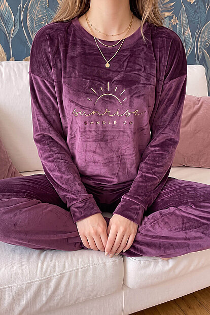 Mürdüm Sunshine Desenli Exclusive Kadife Kadın Pijama Takımı  - 4