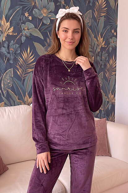 Mürdüm Sunshine Desenli Exclusive Kadife Kadın Pijama Takımı  - 5