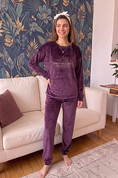 Mürdüm Sunshine Desenli Exclusive Kadife Kadın Pijama Takımı  - 6