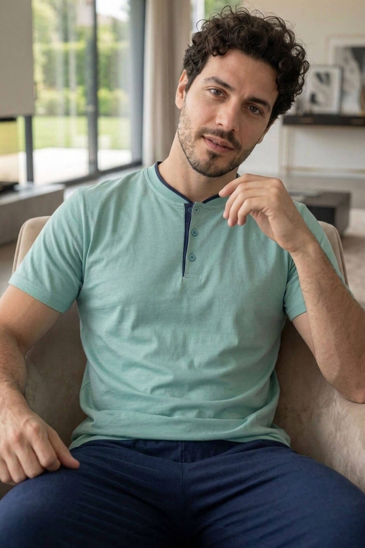 Muted Aqua Kısa Kollu Pat Detaylı Elegant Erkek Pijama Takımı - Pijamaevi