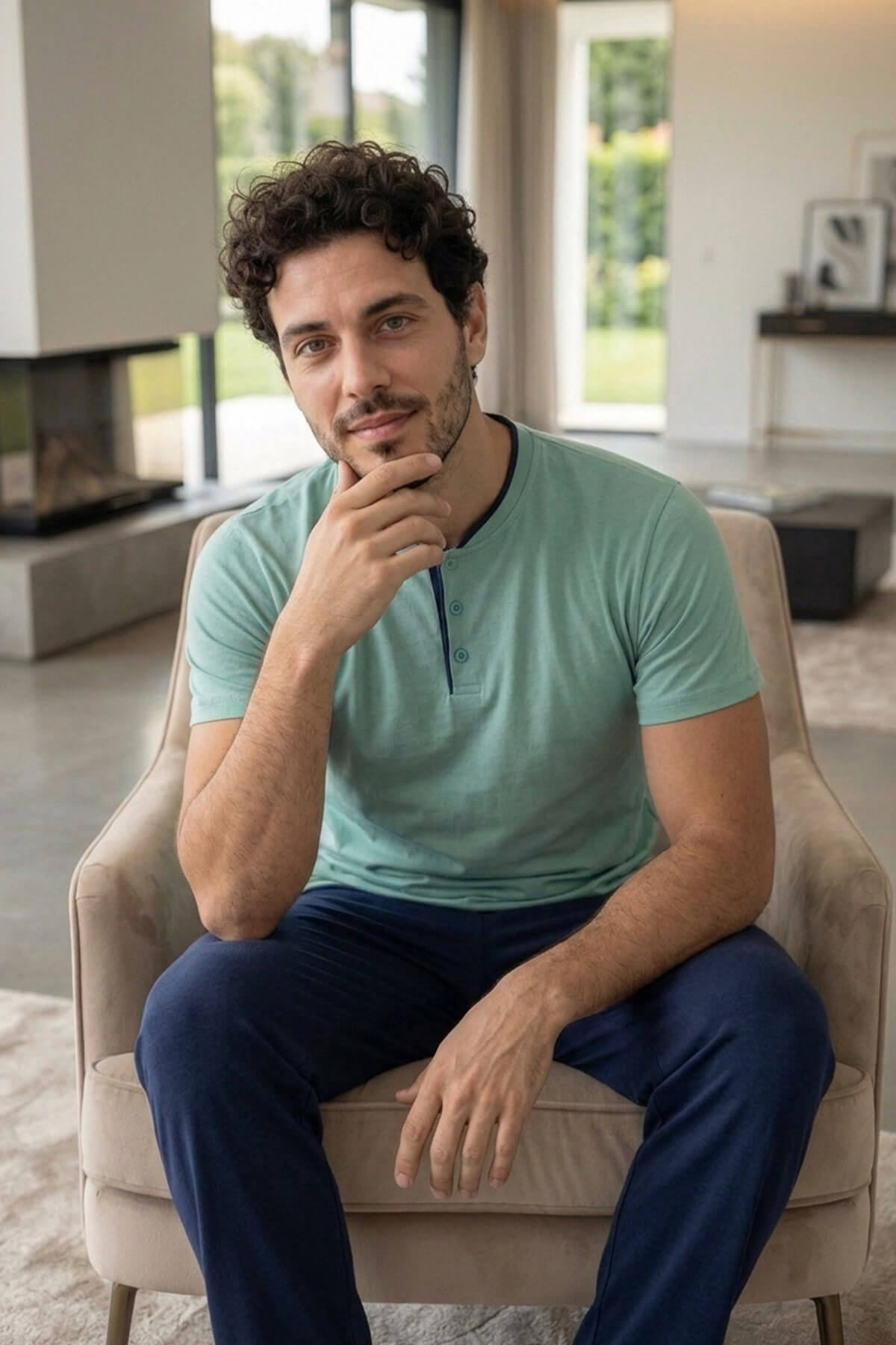 Muted Aqua Kısa Kollu Pat Detaylı Elegant Erkek Pijama Takımı - Pijamaevi (1)