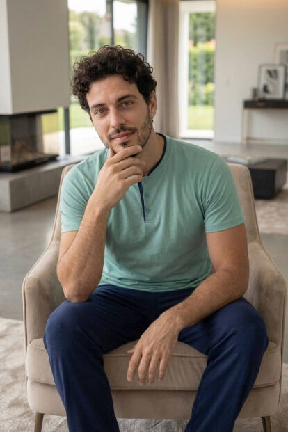 Muted Aqua Kısa Kollu Pat Detaylı Elegant Erkek Pijama Takımı - 2