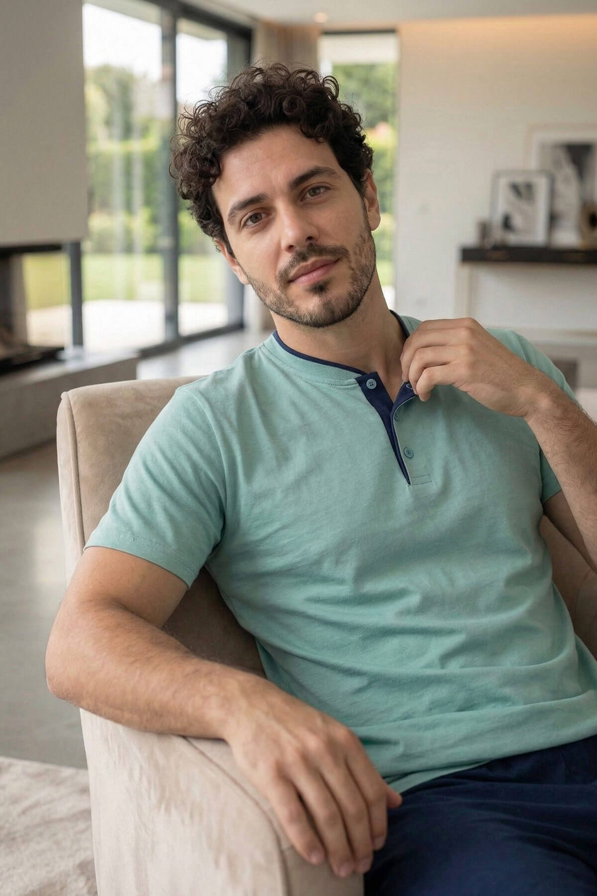 Muted Aqua Kısa Kollu Pat Detaylı Elegant Erkek Pijama Takımı - Pijamaevi (2)