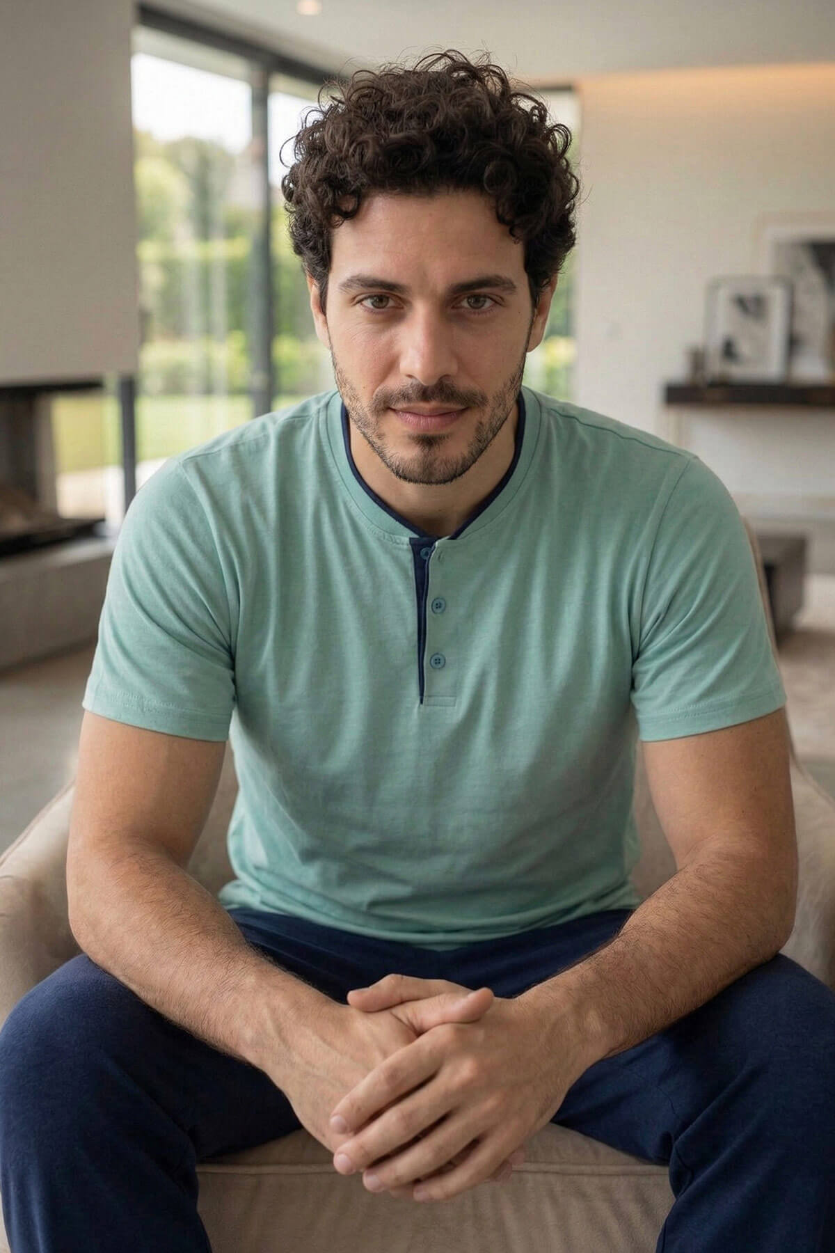 Muted Aqua Kısa Kollu Pat Detaylı Elegant Erkek Pijama Takımı - Pijamaevi (3)