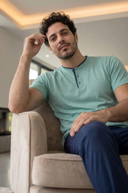 Muted Aqua Kısa Kollu Pat Detaylı Elegant Erkek Pijama Takımı - 5