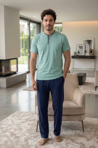 Muted Aqua Kısa Kollu Pat Detaylı Elegant Erkek Pijama Takımı - 7