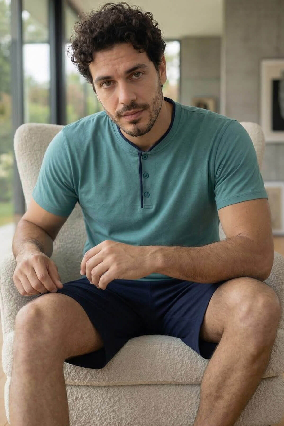 Muted Aqua Şortlu Pat Detaylı Elegant Erkek Pijama Takımı - Pijamaevi