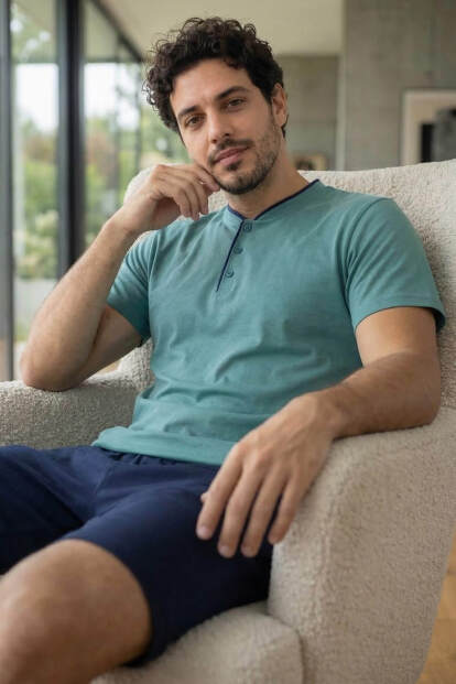 Muted Aqua Şortlu Pat Detaylı Elegant Erkek Pijama Takımı - 3