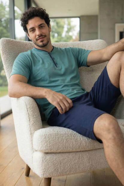 Muted Aqua Şortlu Pat Detaylı Elegant Erkek Pijama Takımı - 4