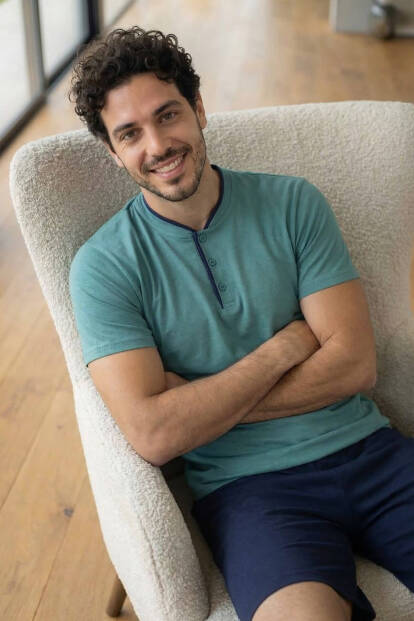 Muted Aqua Şortlu Pat Detaylı Elegant Erkek Pijama Takımı - 5