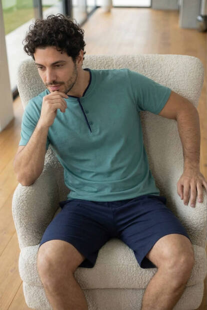 Muted Aqua Şortlu Pat Detaylı Elegant Erkek Pijama Takımı - 6