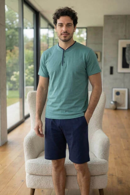 Muted Aqua Şortlu Pat Detaylı Elegant Erkek Pijama Takımı - 7