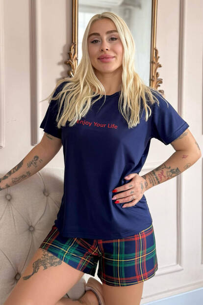 Navy Enjoy Desenli Kısa Kollu Şortlu Örme Kadın Pijama Takımı - 6