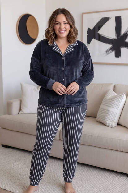 Navy Randig Exclusive Önden Düğmeli Battal Büyük Beden Kadife Kadın Pijama Takımı  - 5