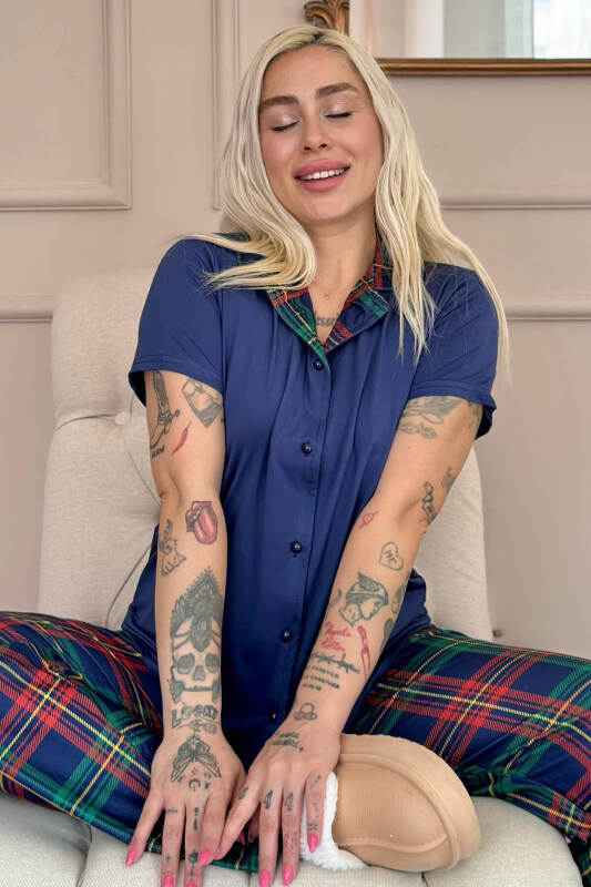 Navy Tartan Exclusive Önden Düğmeli Kadın Pijama Takımı - Pijamaevi
