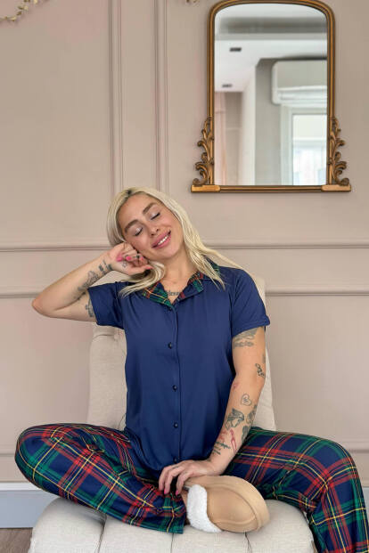 Navy Tartan Exclusive Önden Düğmeli Kadın Pijama Takımı - 2