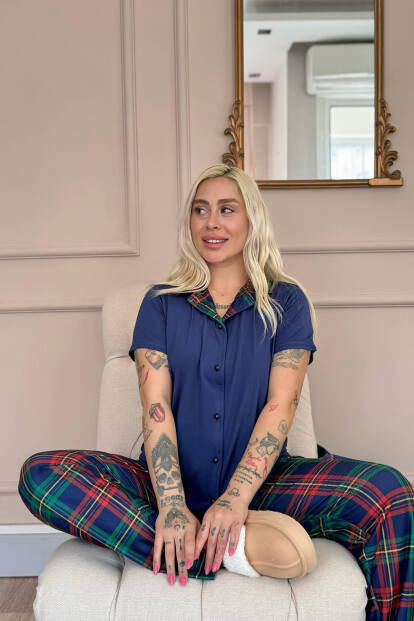 Navy Tartan Exclusive Önden Düğmeli Kadın Pijama Takımı - 3