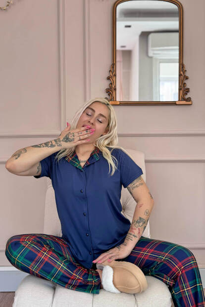 Navy Tartan Exclusive Önden Düğmeli Kadın Pijama Takımı - 4