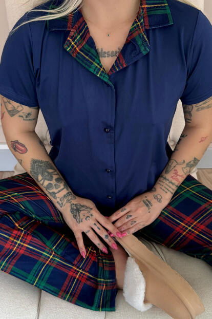 Navy Tartan Exclusive Önden Düğmeli Kadın Pijama Takımı - 5